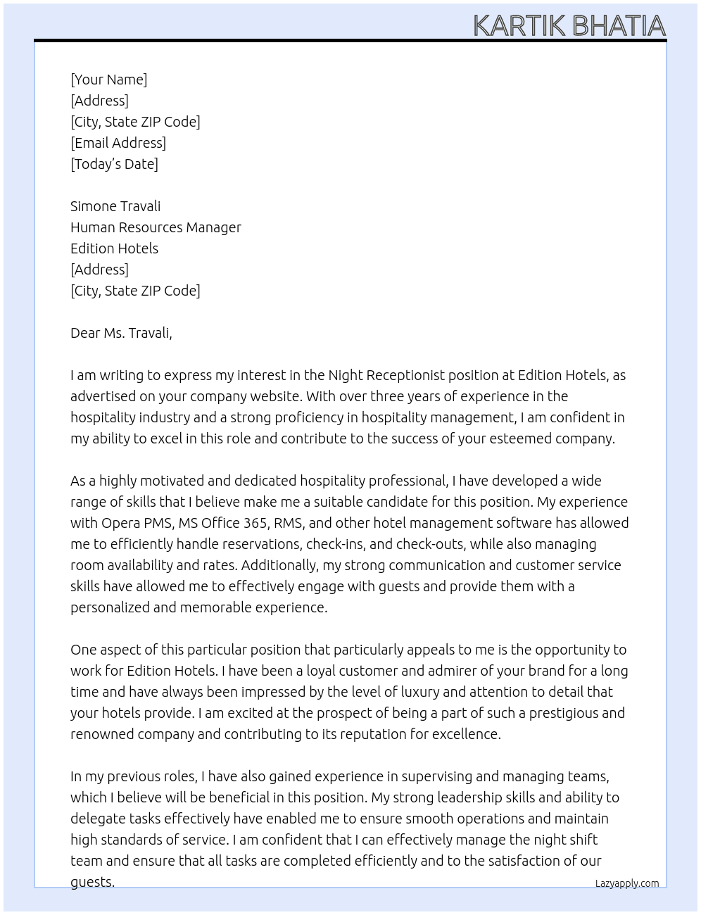 Night Receptionist At Edition Hotels Cover Letter