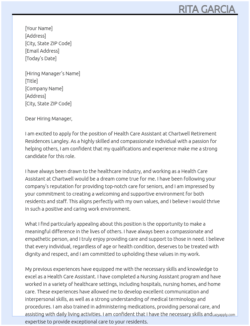 Health Care Assistant  At chartwell retirement residences langley Cover Letter