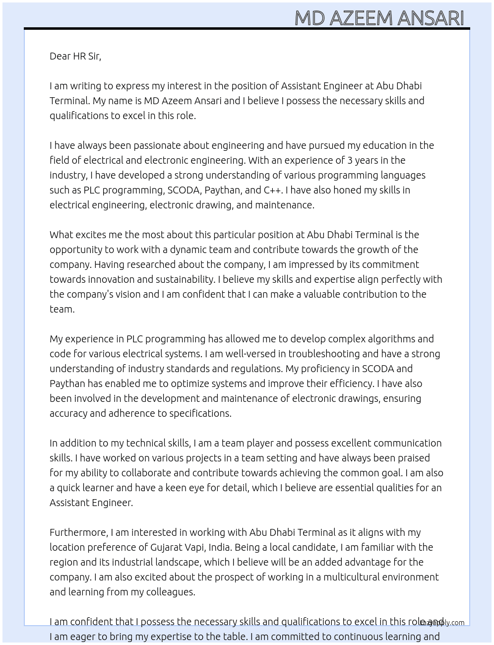 Assistant Engineer  At Abu Dhabi Tarminal  Cover Letter