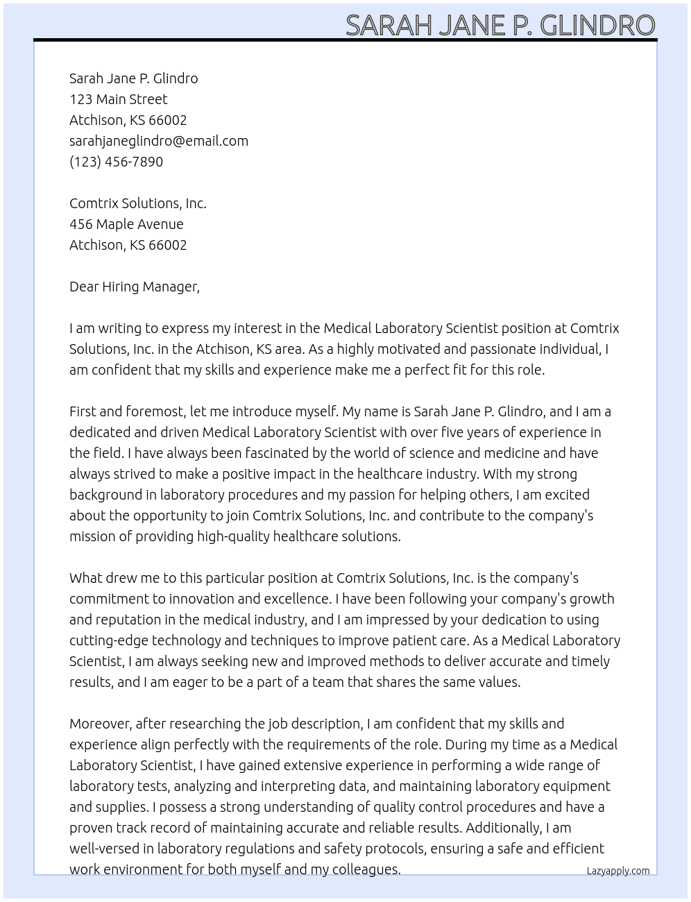 Medical Laboratory Scientist At Comtrix Solutions, Inc.  Cover Letter