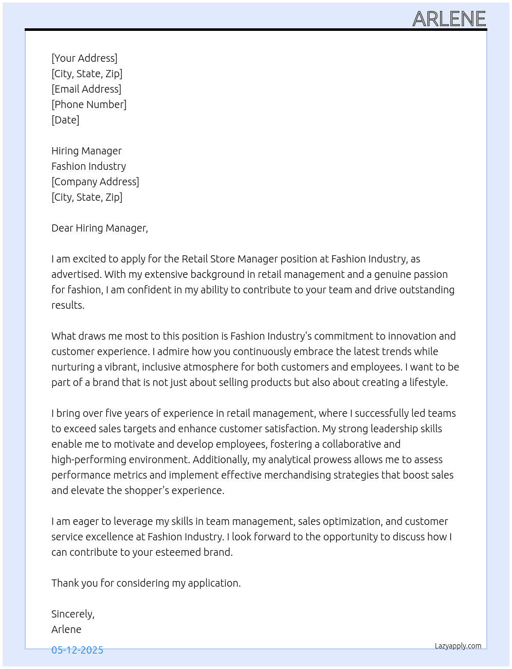 retail store manager At fashion industry Cover Letter