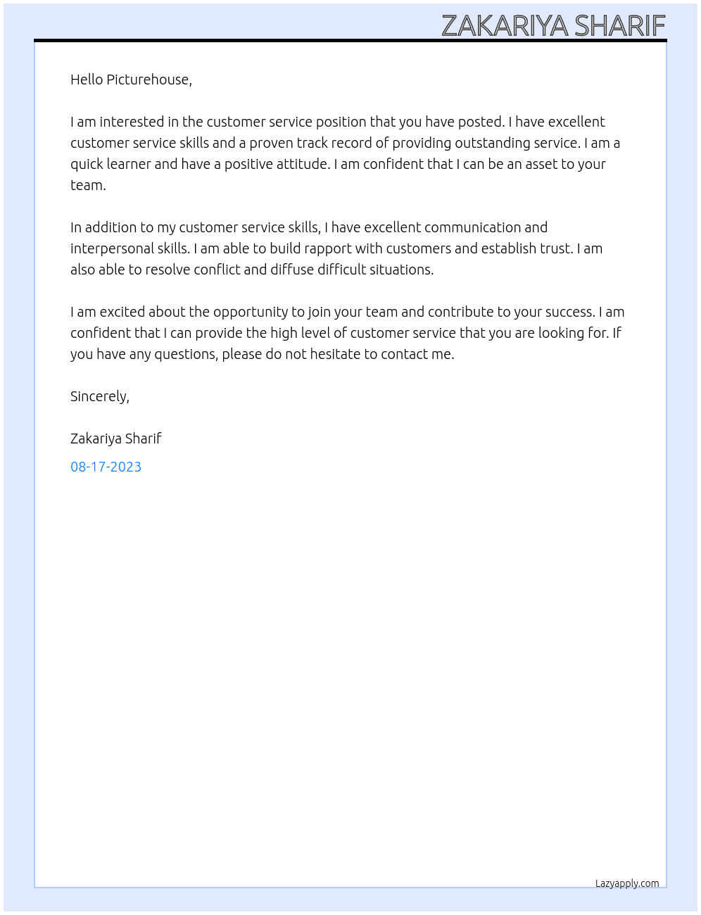 customer service At Picturehouse Cover Letter