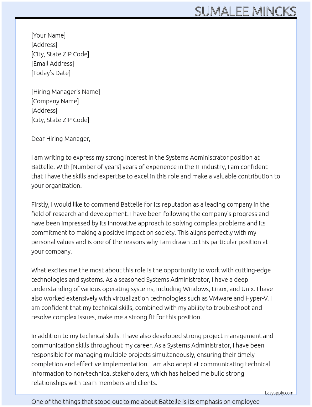 Systems Administrator At Battelle Cover Letter
