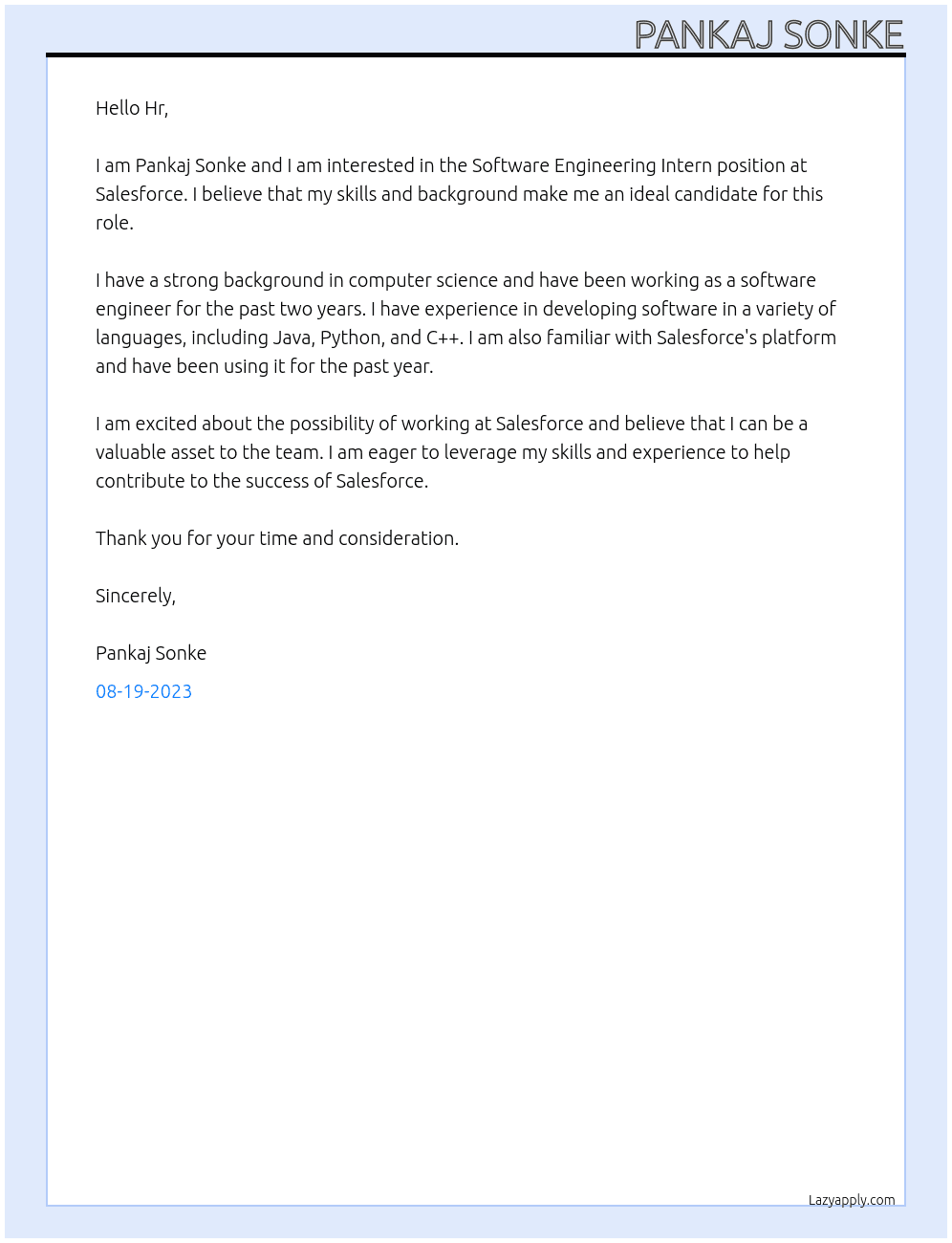 Software Engineering Intern At Salesforce Cover Letter