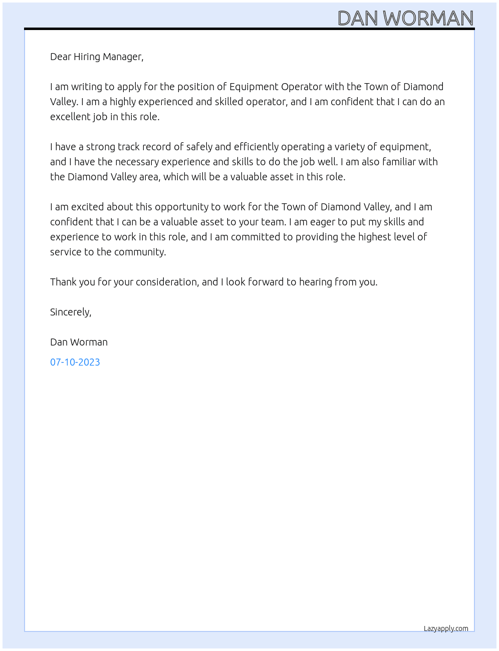Equipment Operator At Town of Diamond Valley Cover Letter