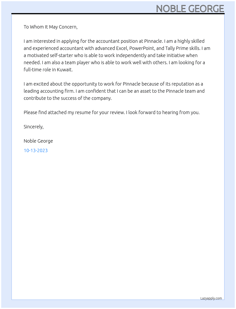 Accountant At Pinnacle Cover Letter