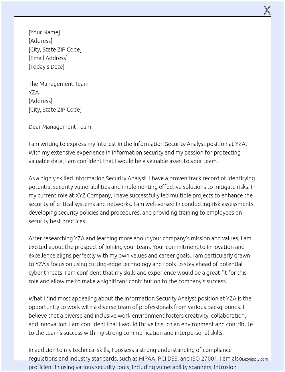 Information Security Analyst At YZA Cover Letter