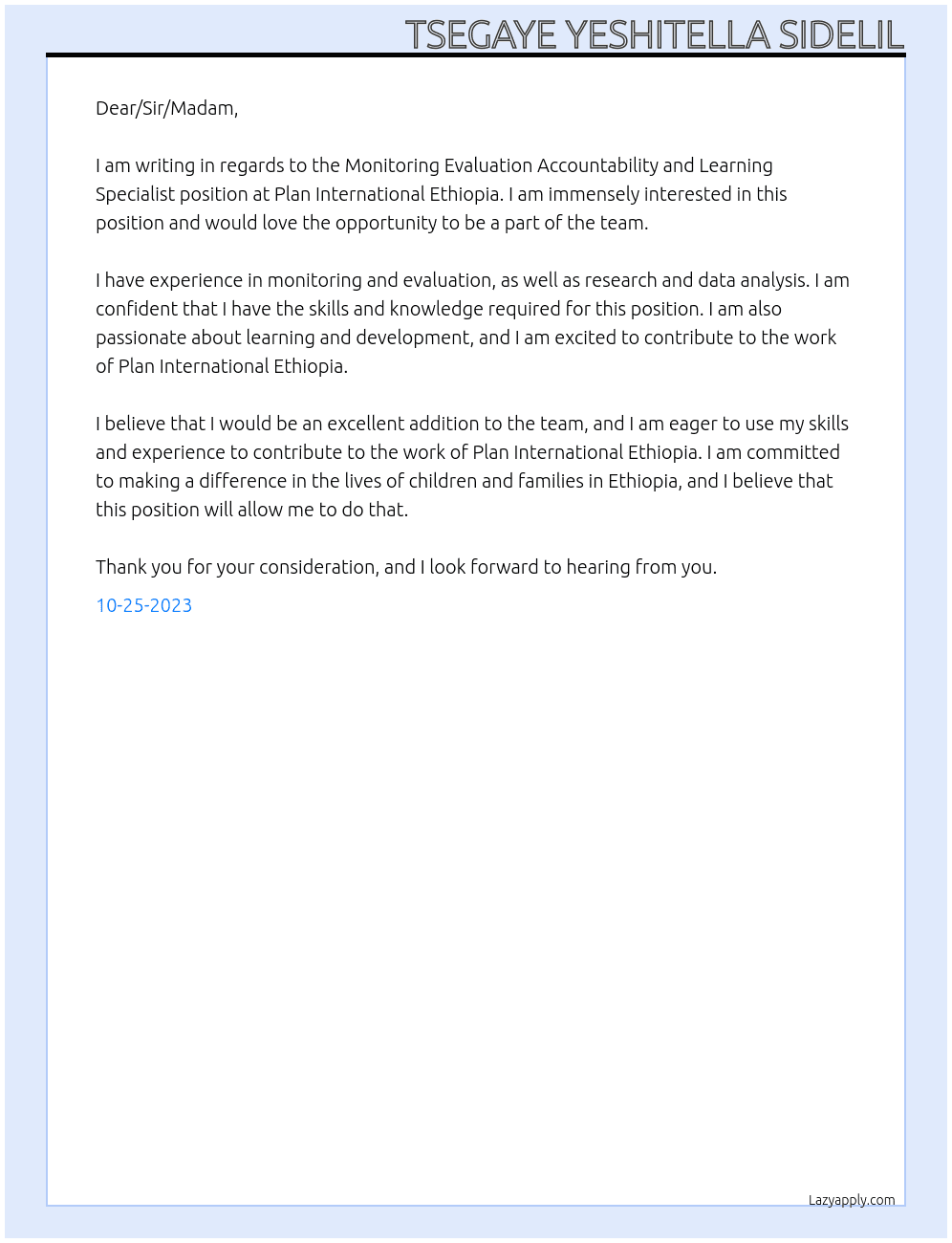 Monitoring Evaluation Accountability and Learning Specialist  At Plan International Ethiopia  Cover Letter