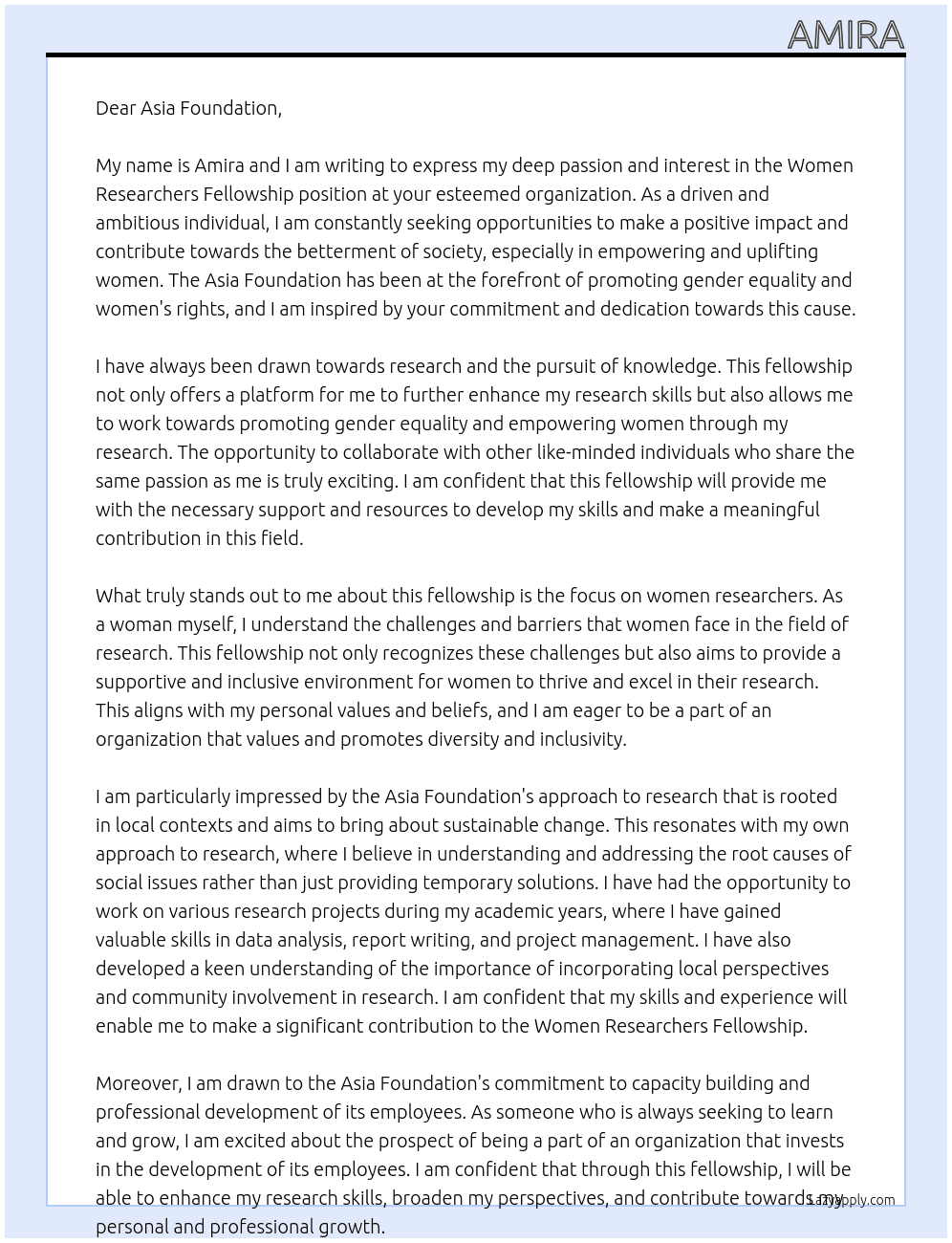 Women Researchers Fellowship  At Asia foundation Cover Letter