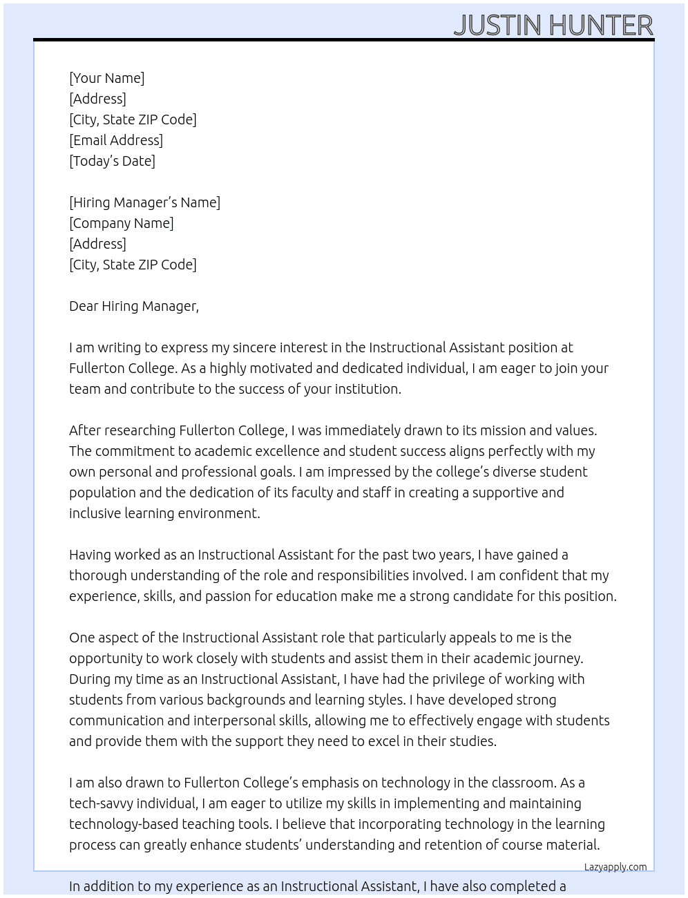 Instructional Assistant  At Fullerton College Cover Letter