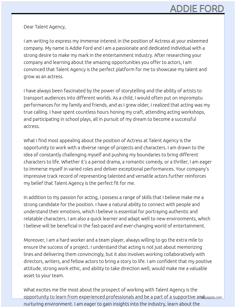 Actress At Talent Agency Cover Letter