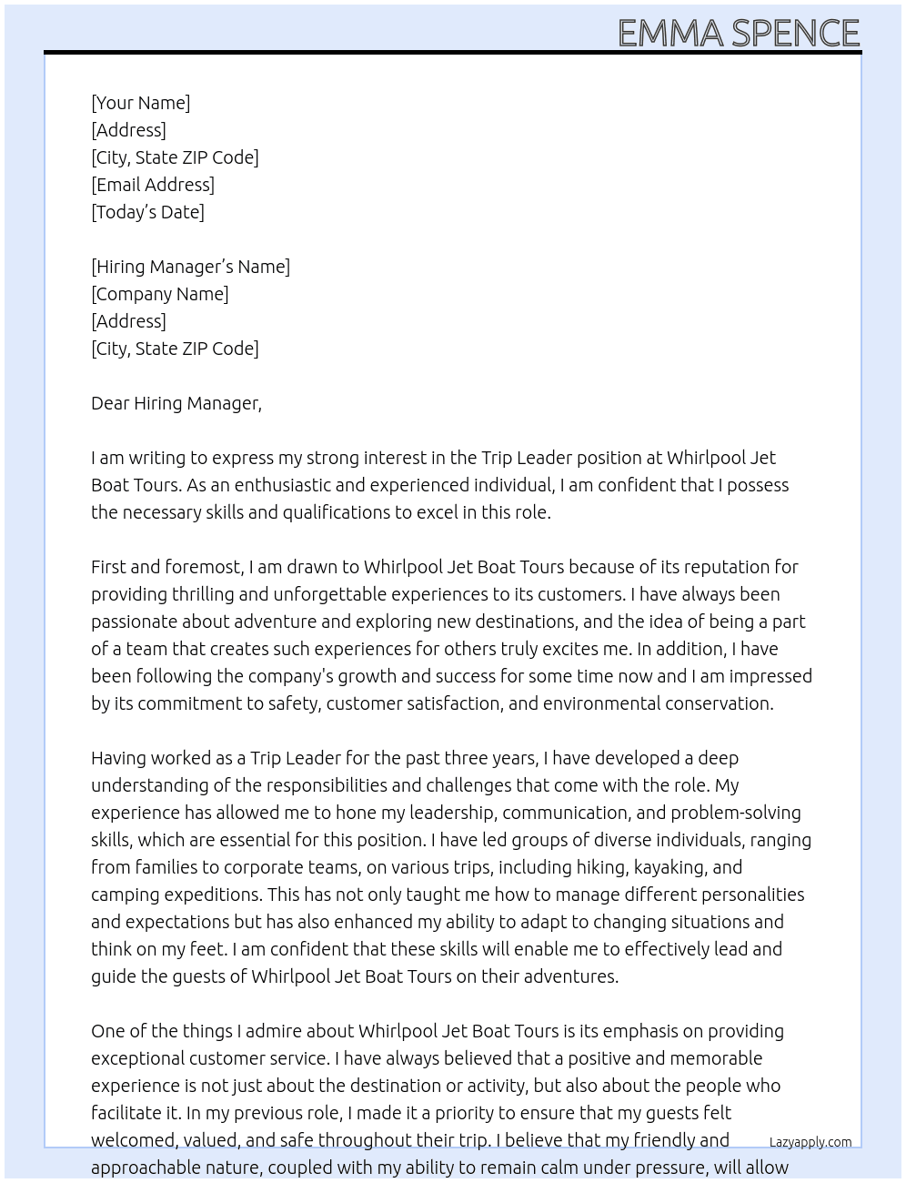 Trip Leader At Whirlpool Jet Boat Tours Cover Letter