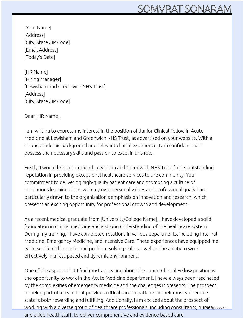 Junior clinical fellow in Acute Medicine At Lewisham and Greenwich NHS Trust Cover Letter