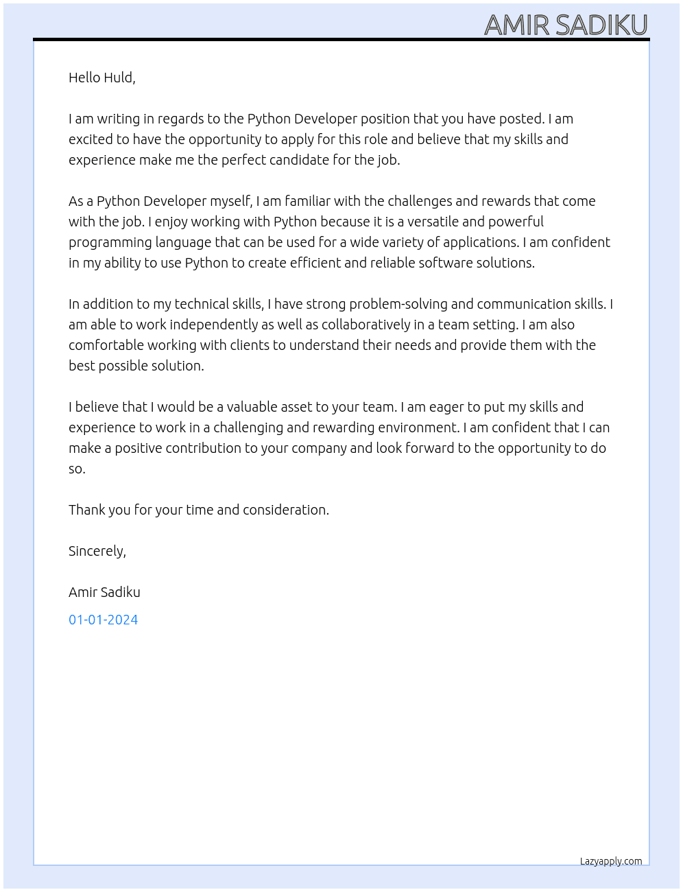 python developer At Huld Cover Letter