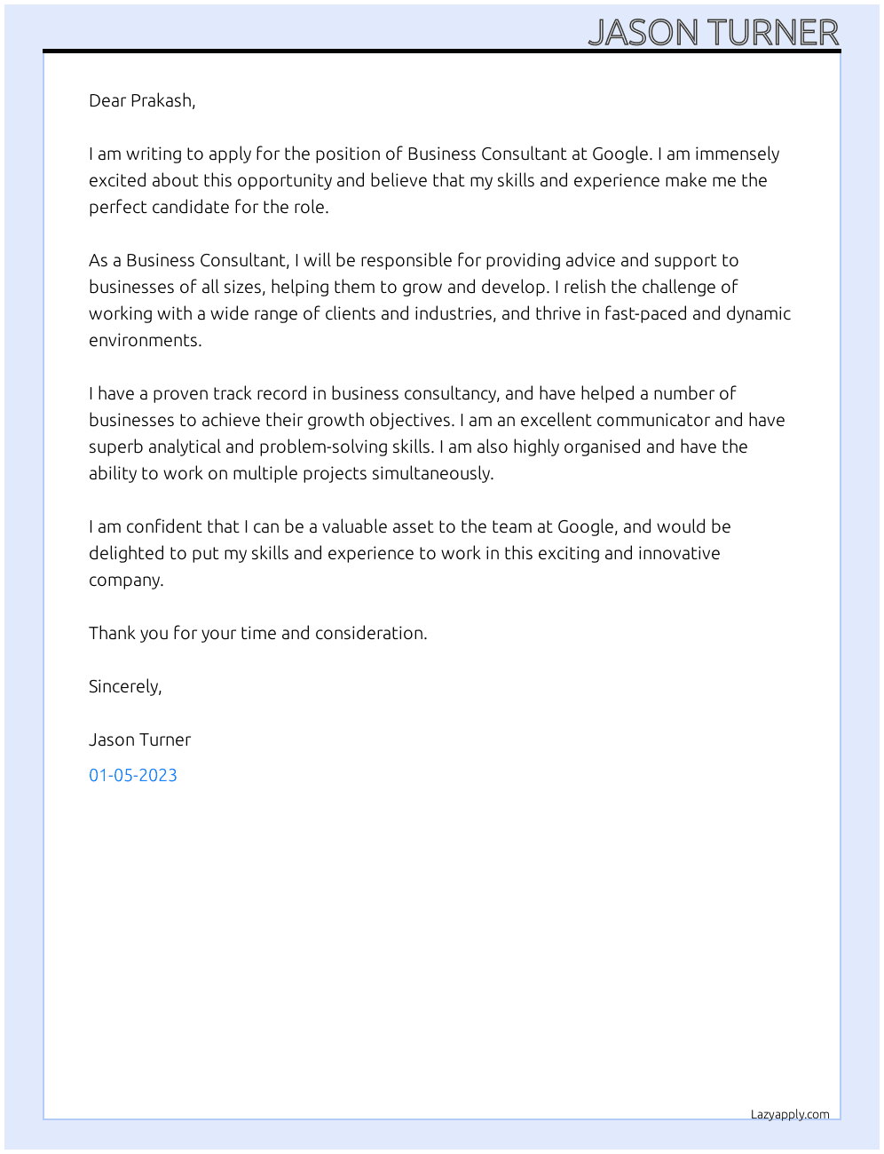 Business Consultant At Google Cover Letter