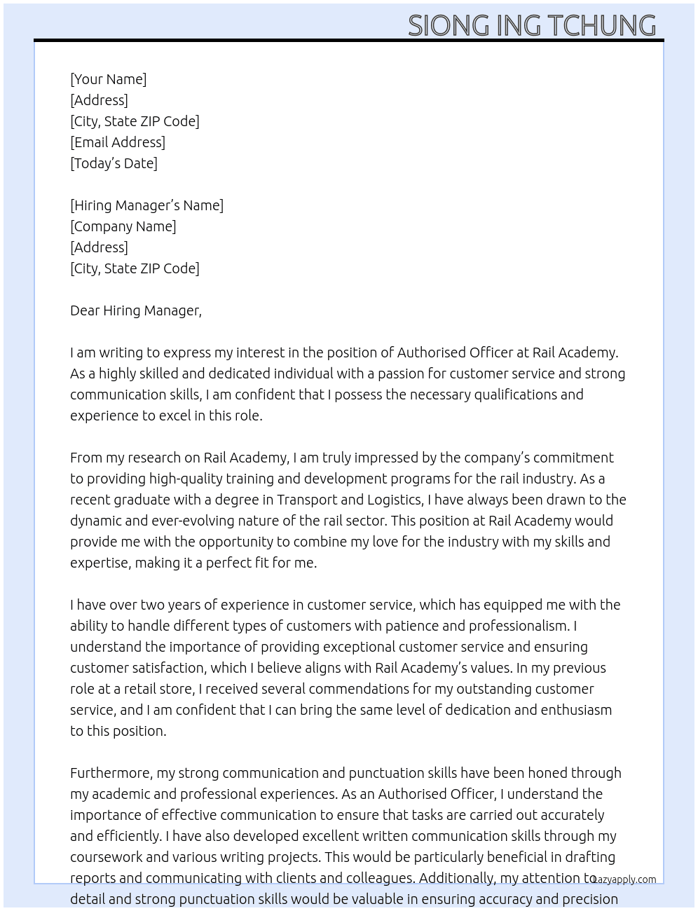 Authorised Officer At Rail Academy  Cover Letter