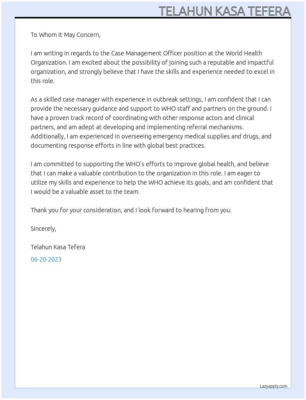 Case Management Officer At World Health Organization Cover Letter