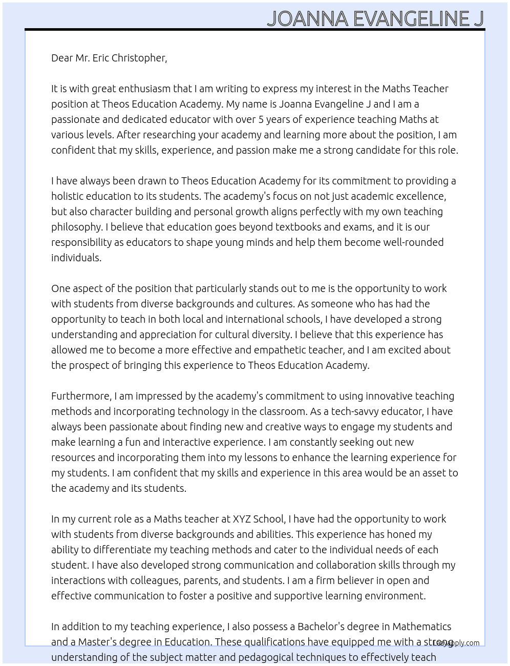 Maths teacher At Theos Education Academy Cover Letter