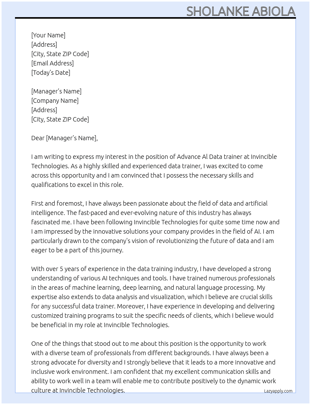 Advance Al Data trainer At Invincible Technologies Cover Letter