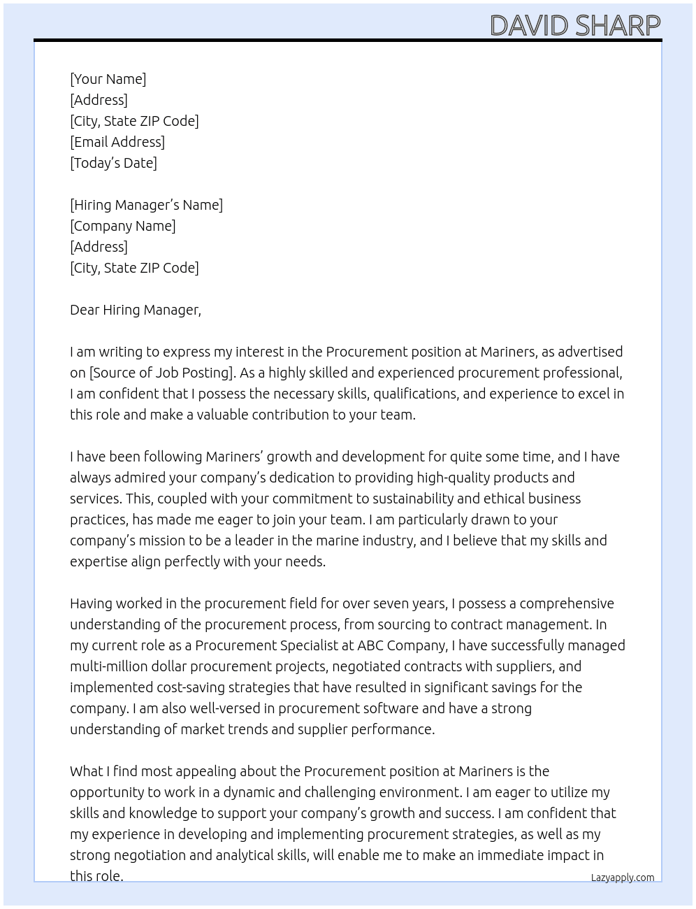 Procurement At Mariners Cover Letter