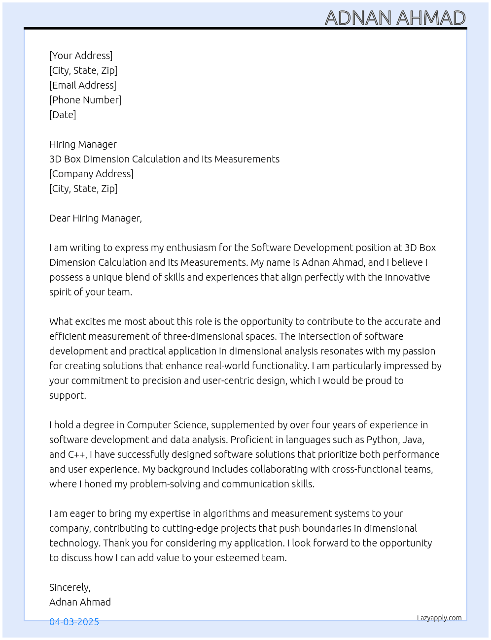 Software Development  At 1.	3D Box Dimension calculation and its measurements  Cover Letter