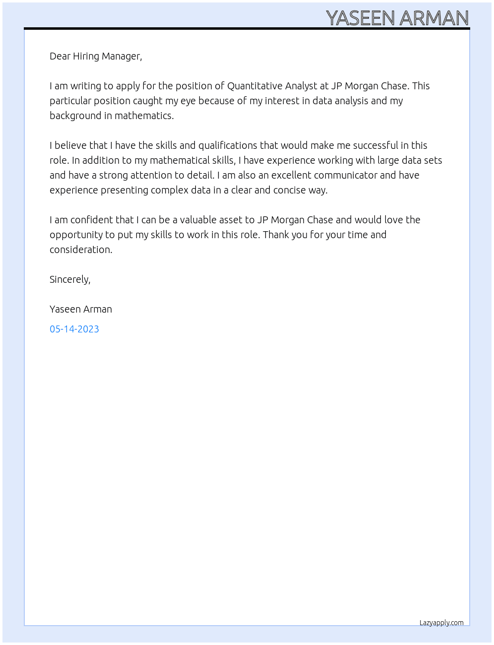 Quantitative Analyst At JP Morgan Chase Cover Letter