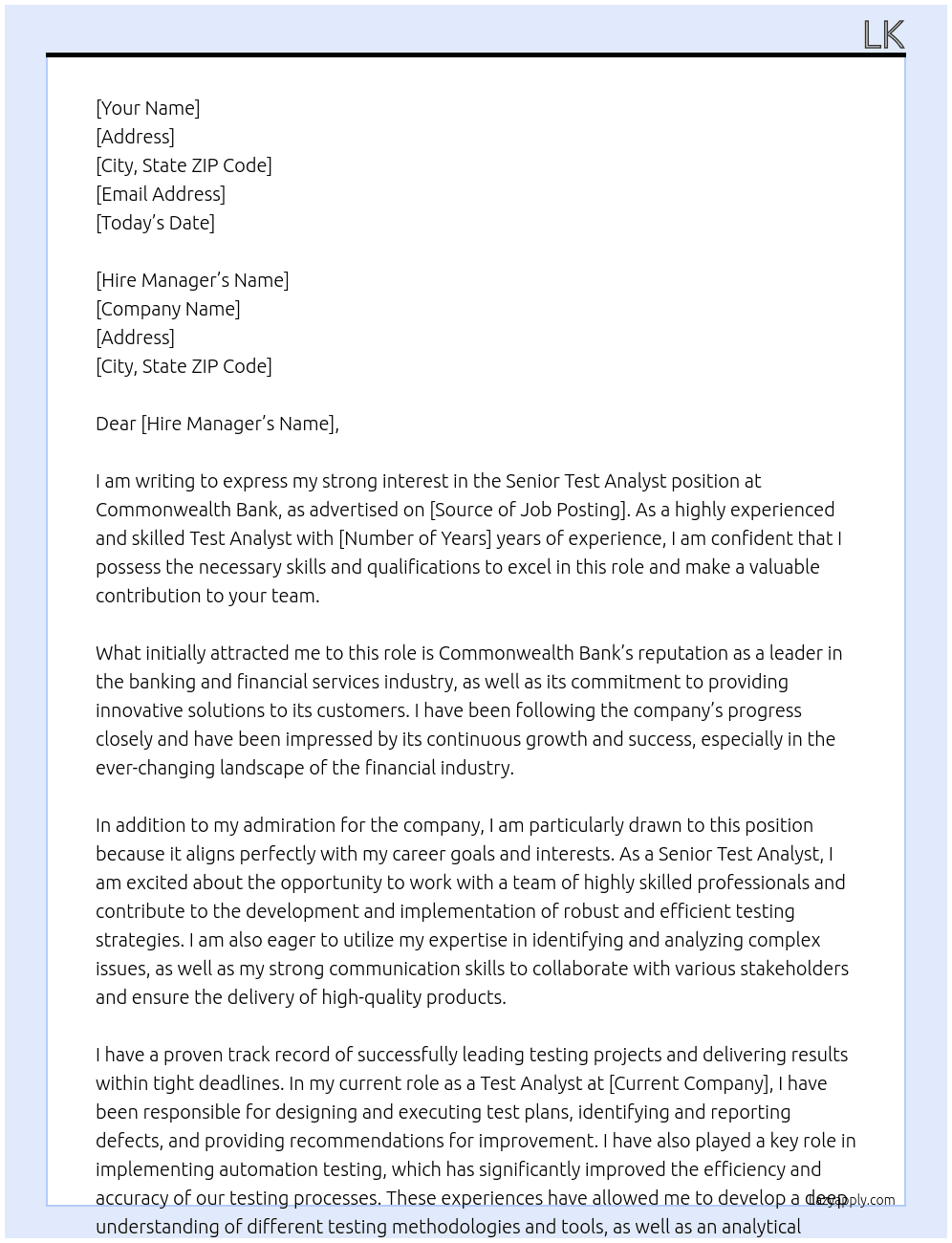 senior Test Analyst At Commonwealth Bank Cover Letter