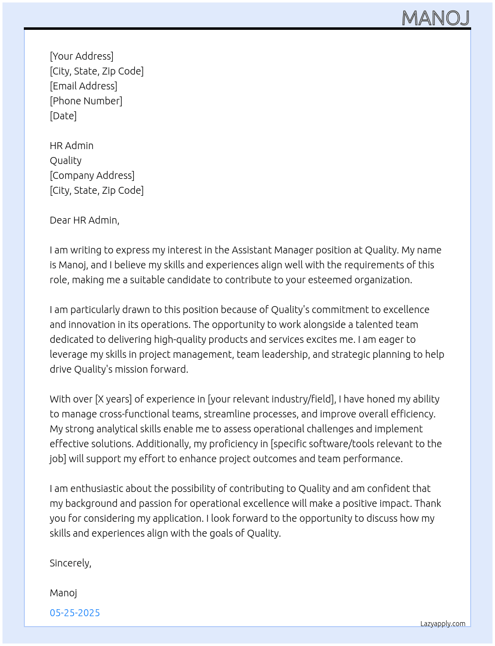 assistant  manager  At quality Cover Letter