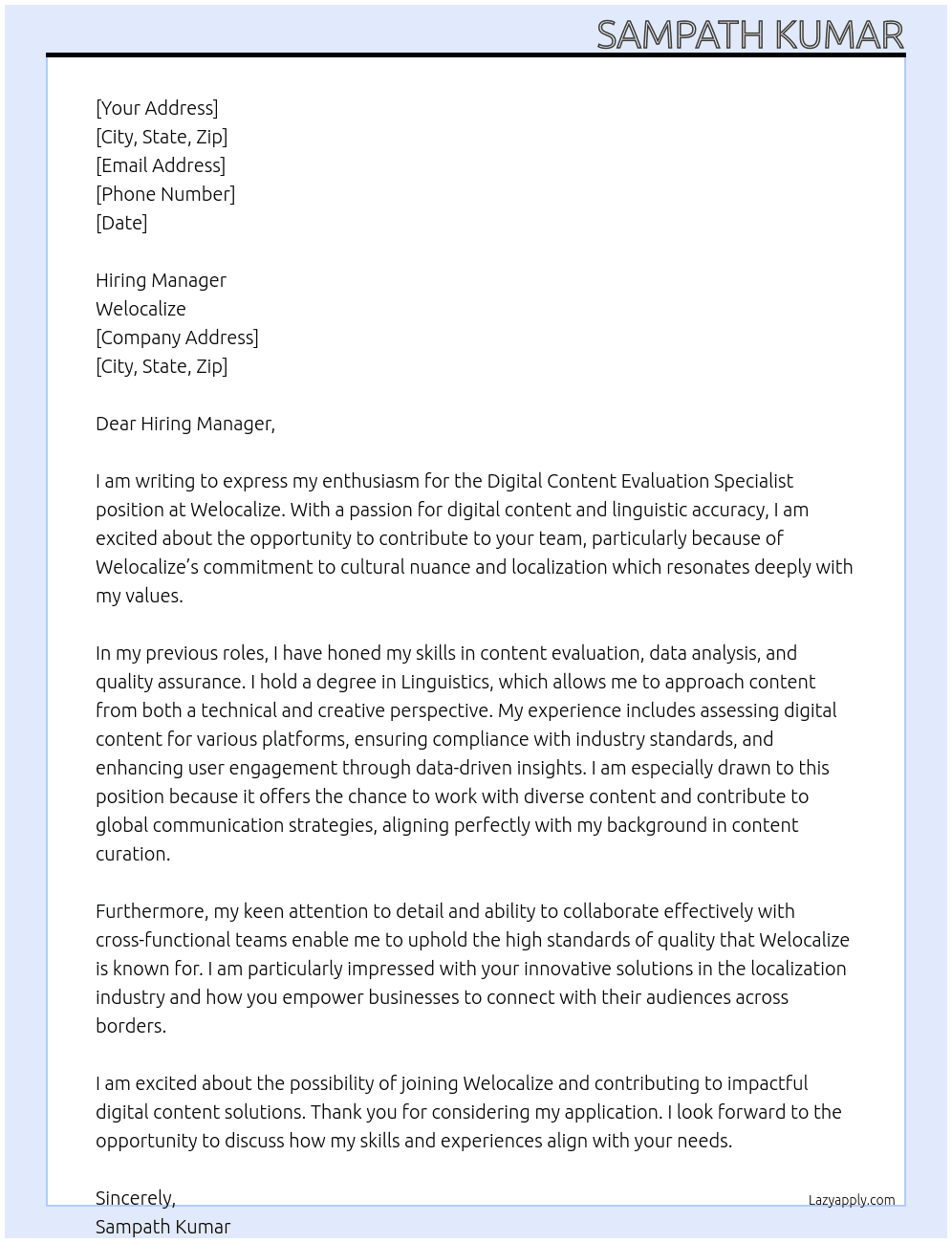 digital content evaluation specialist At welocalize Cover Letter
