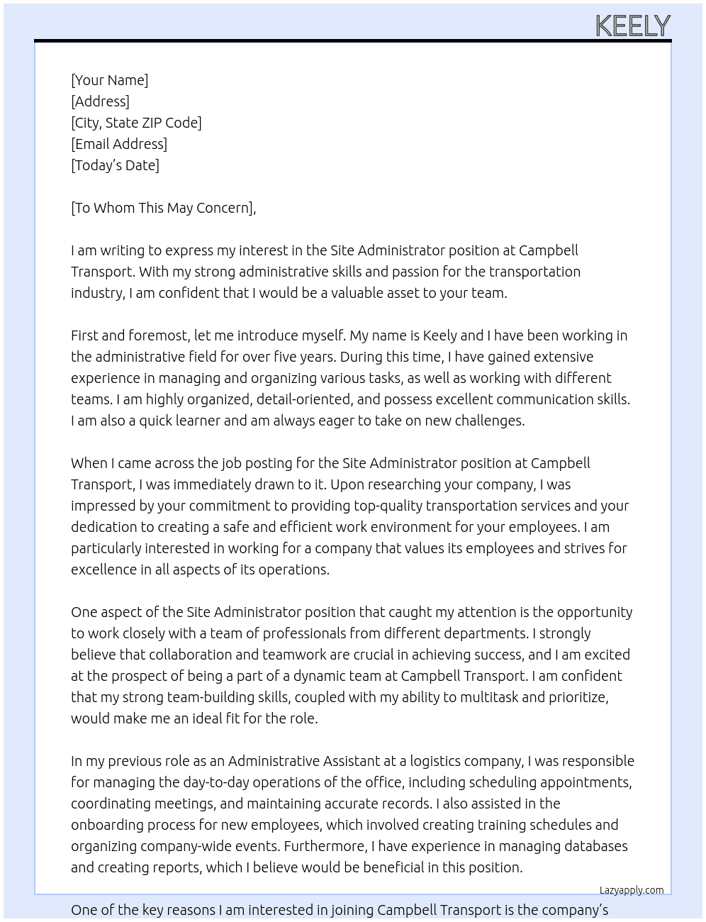 Site Administrator At Campbell Transport Cover Letter
