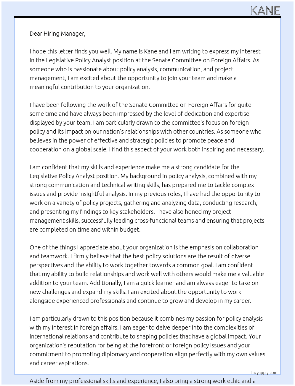 Legislative Policy Analyst At Senate Committee on Foreign Affairs  Cover Letter