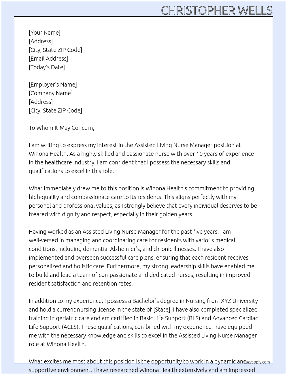 Assisted Living Nurse Manager At Winona Health Cover Letter