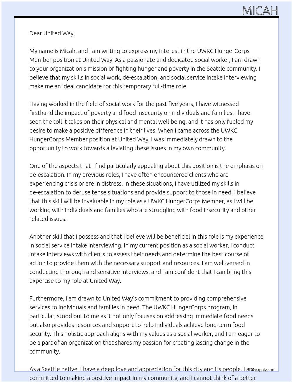 UWKC HungerCorps Member At United Way Cover Letter