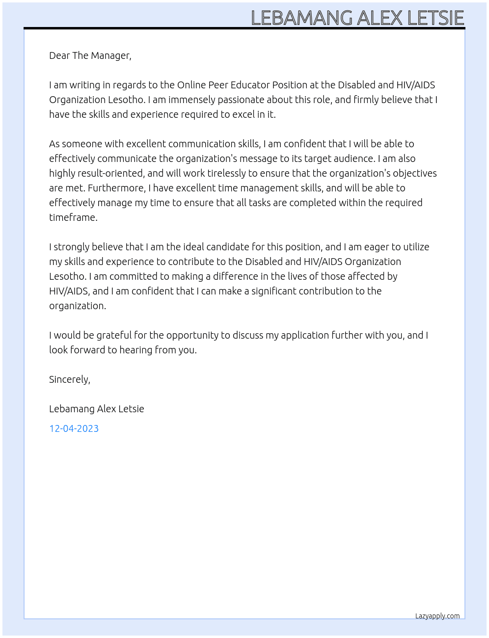 Online Peer Educator Position At Disabled and HIV/AIDS Organization Lesotho Cover Letter