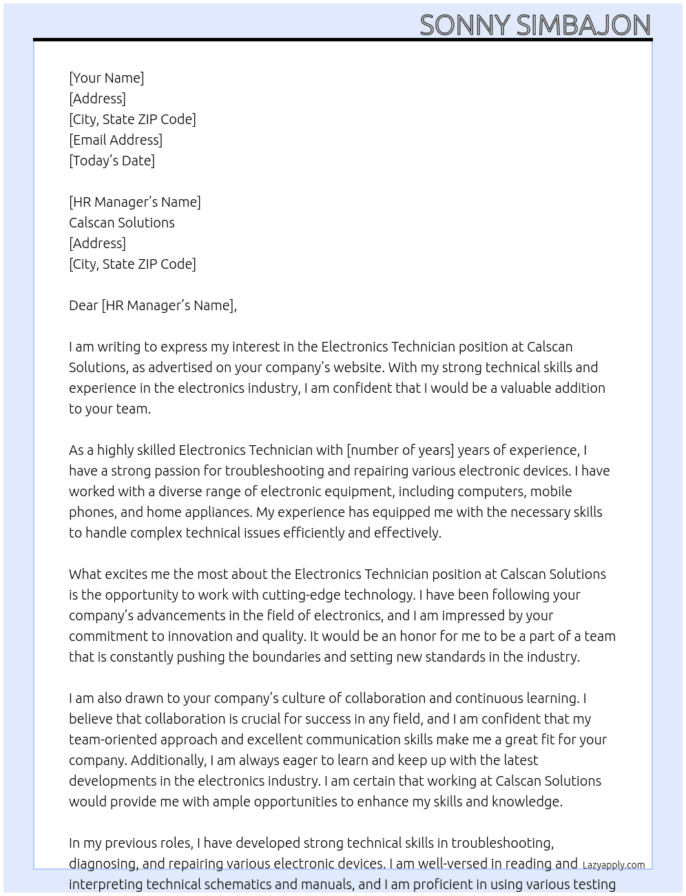 Electronics Technician At Calscan Solutions  Cover Letter