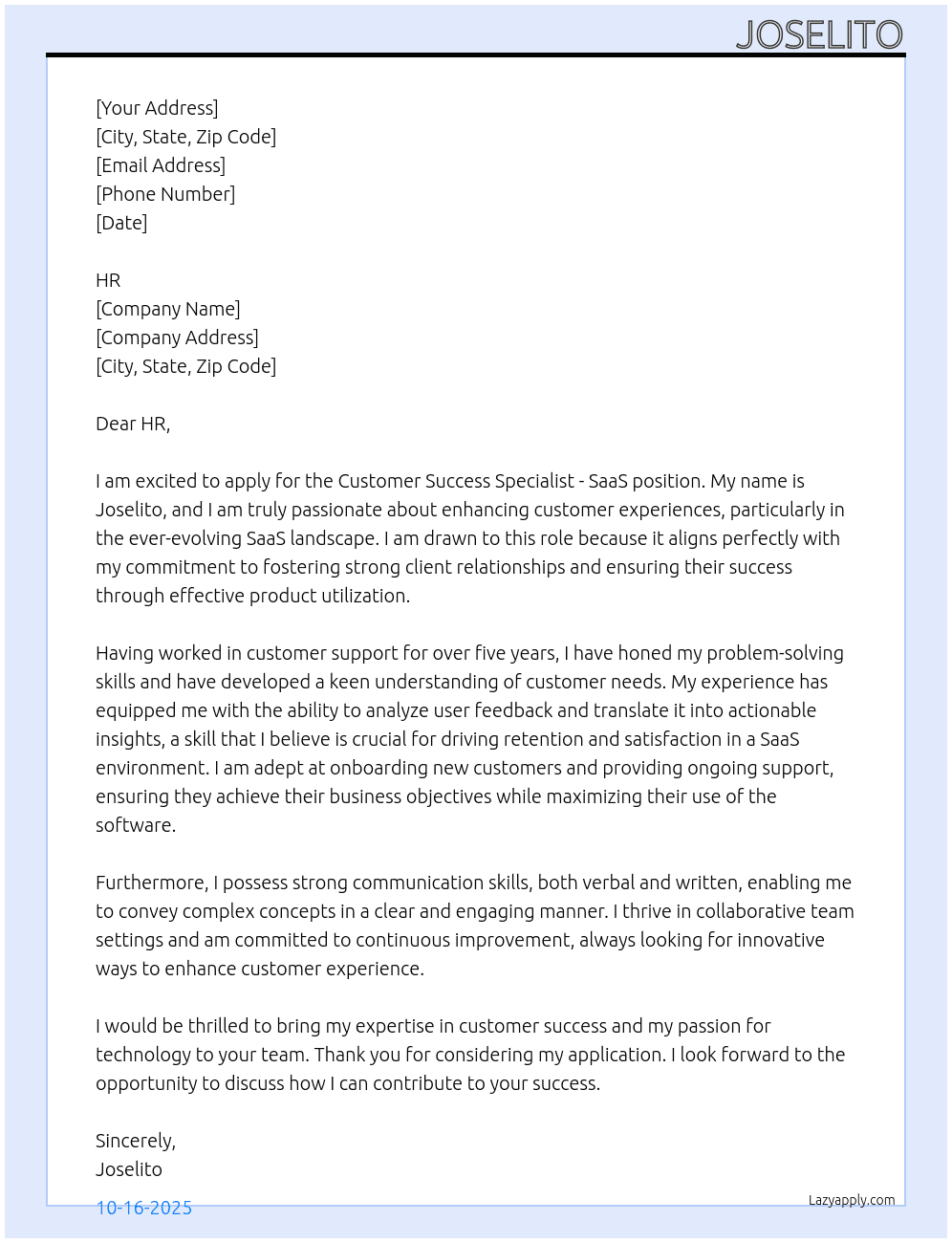 Cover letter for customer success specialist- saas - LazyApply