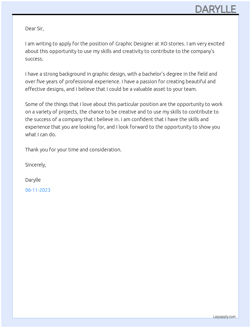 Graphic design  At XO stories  Cover Letter