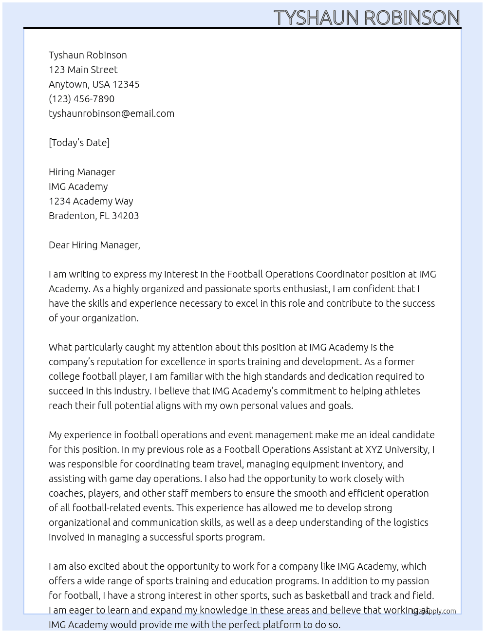 Football Operations Coordinator At IMG Academy Cover Letter