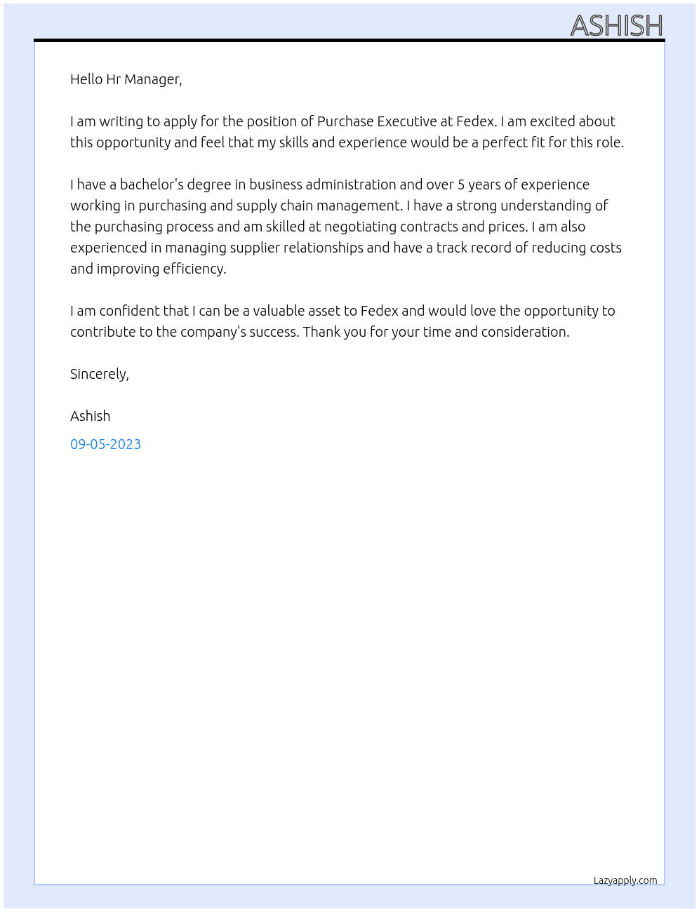 Purchase Executive At Fedex Cover Letter