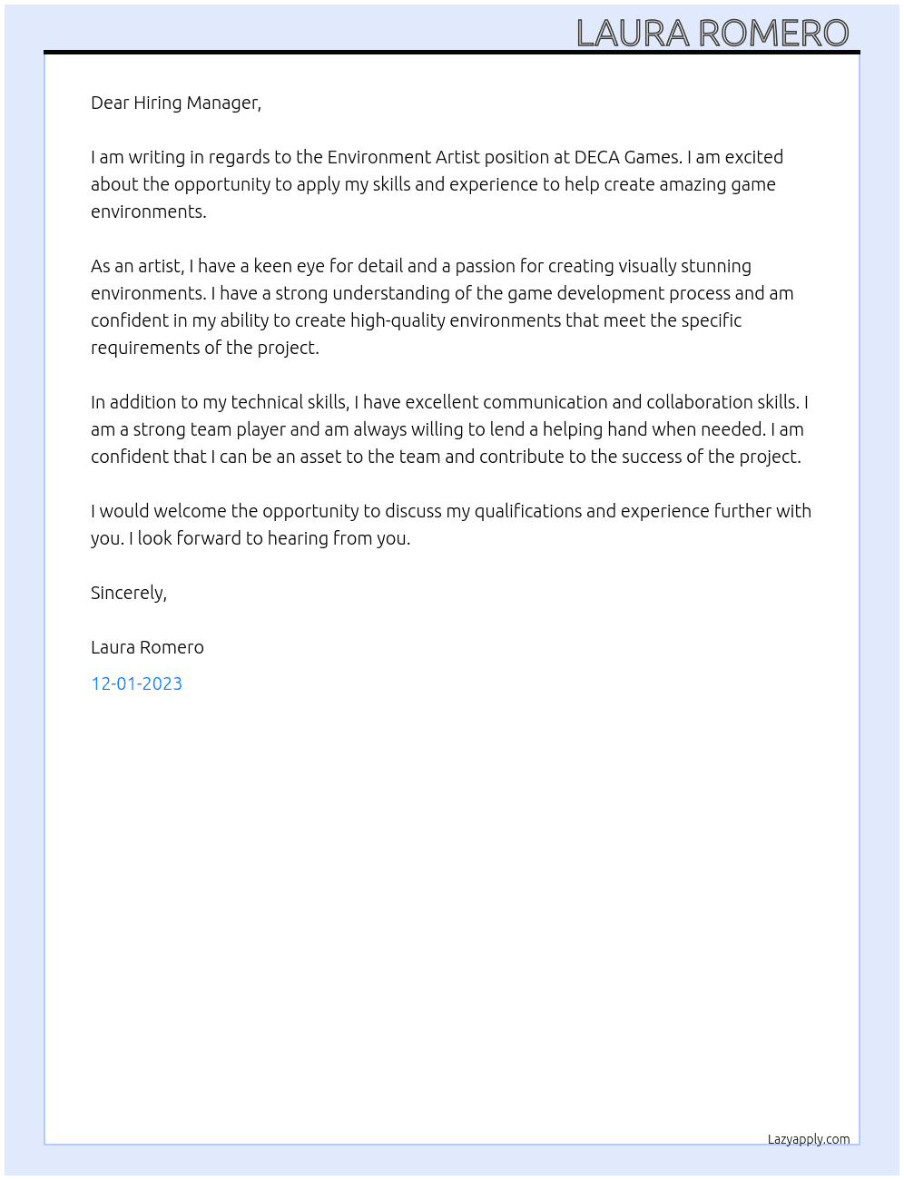 Environment Artist At DECA Games Cover Letter