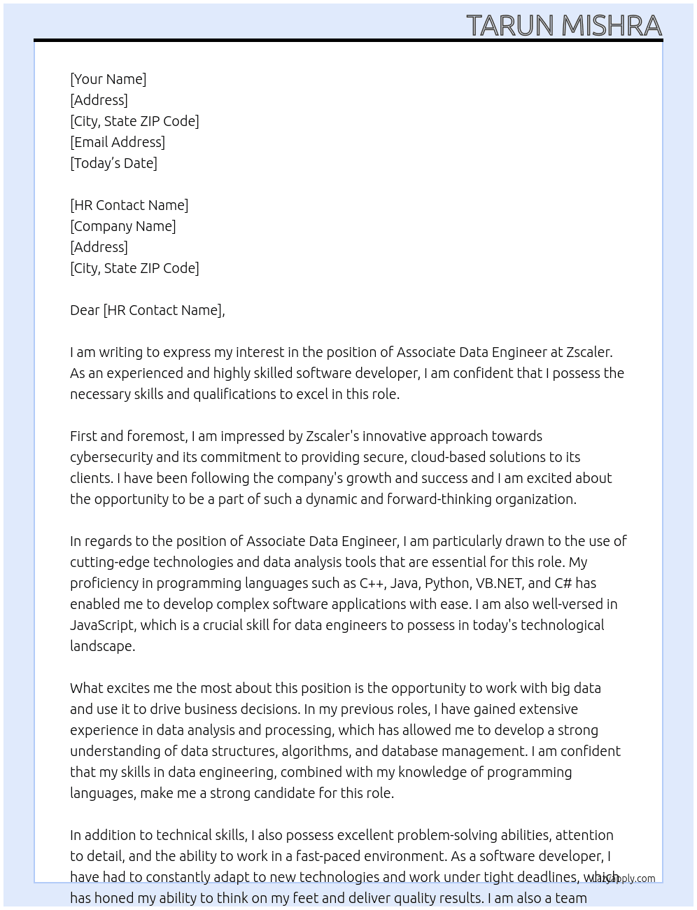 Associate Data Engineer At Zscaler Cover Letter