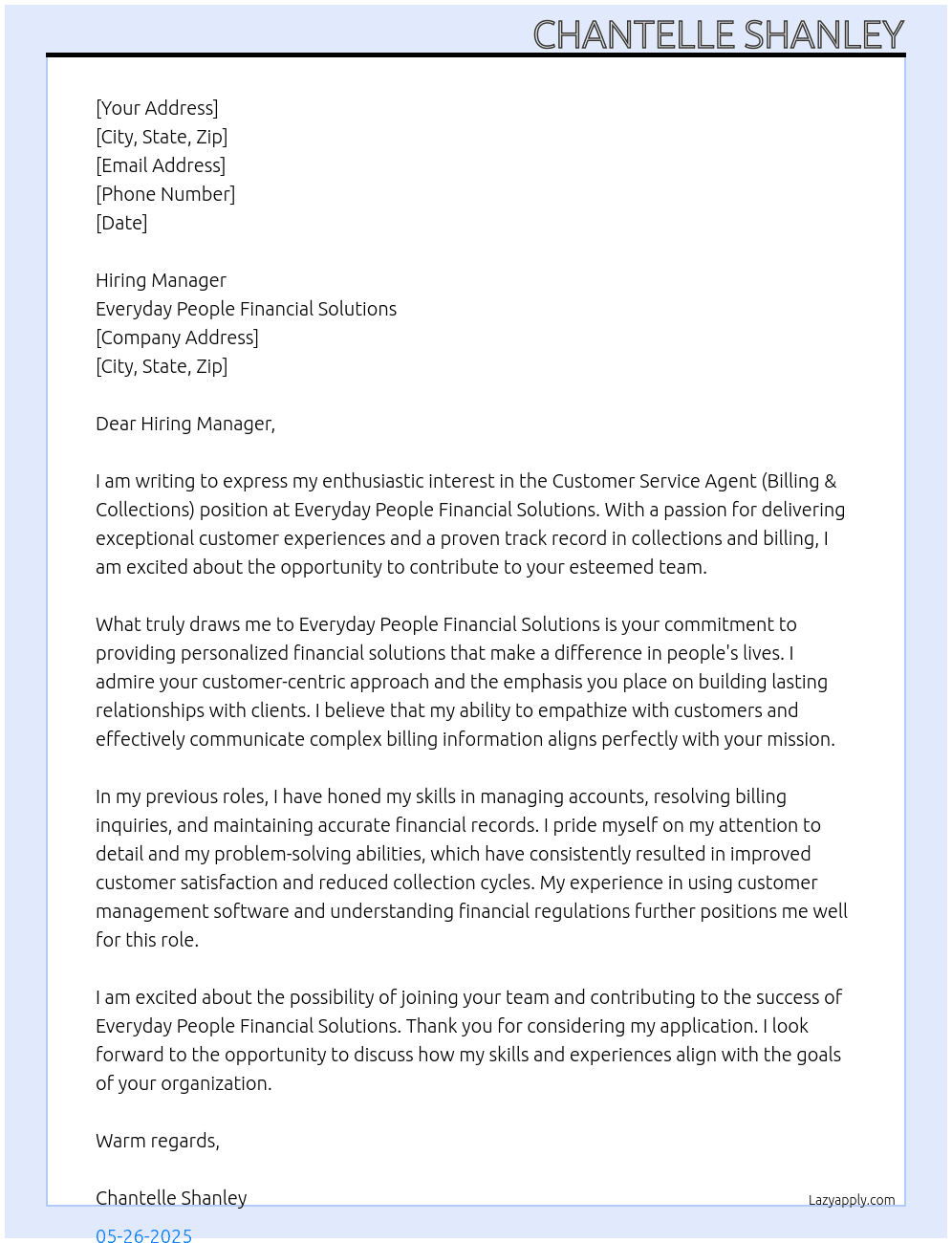 Customer Service Agents (Billing & Collections) At Everyday People Financial Solutions Cover Letter