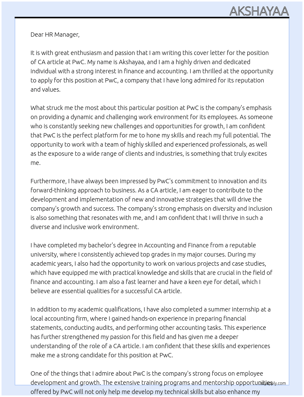 Ca article  At Pwc Cover Letter