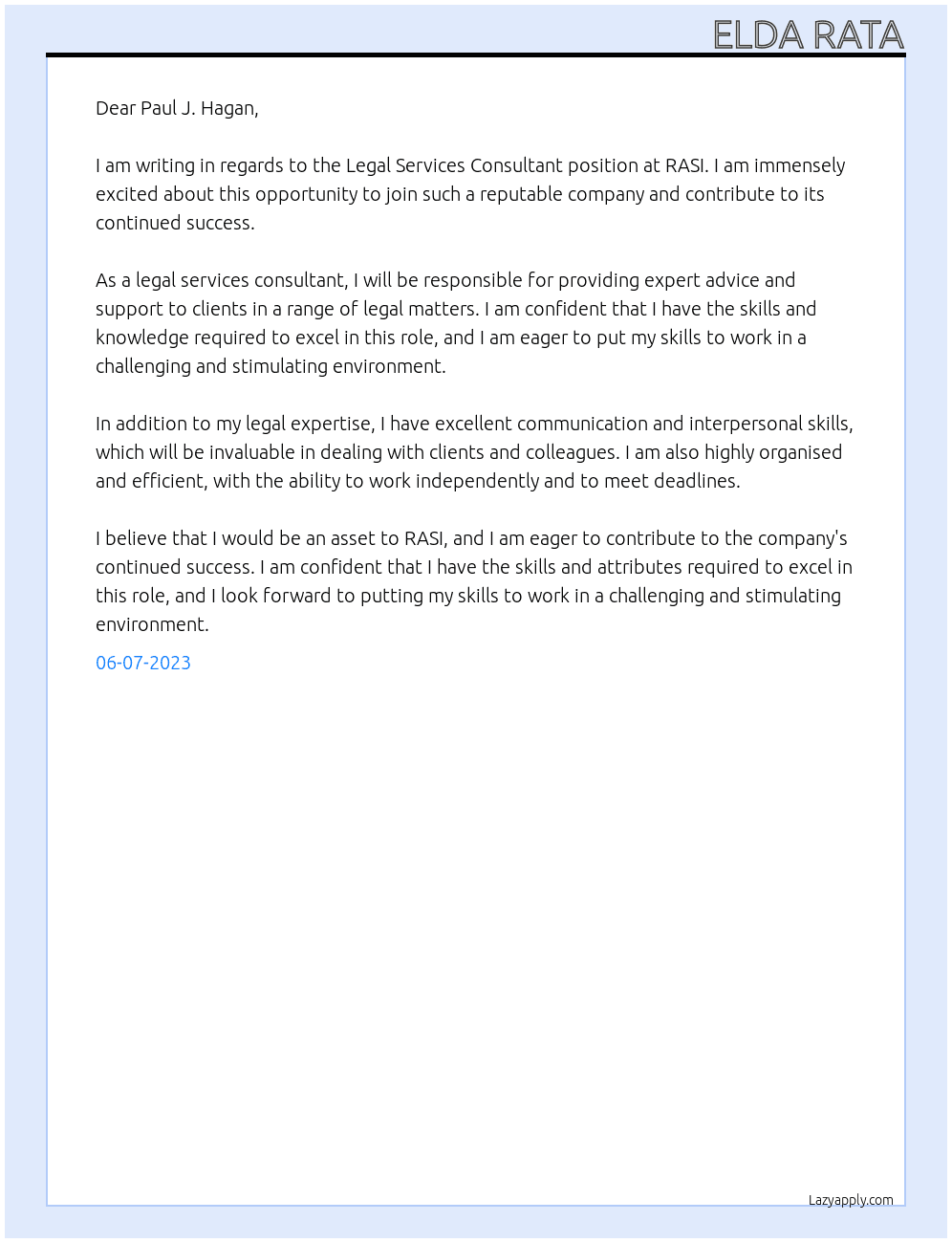 Legal Services Consultant At RASI Cover Letter