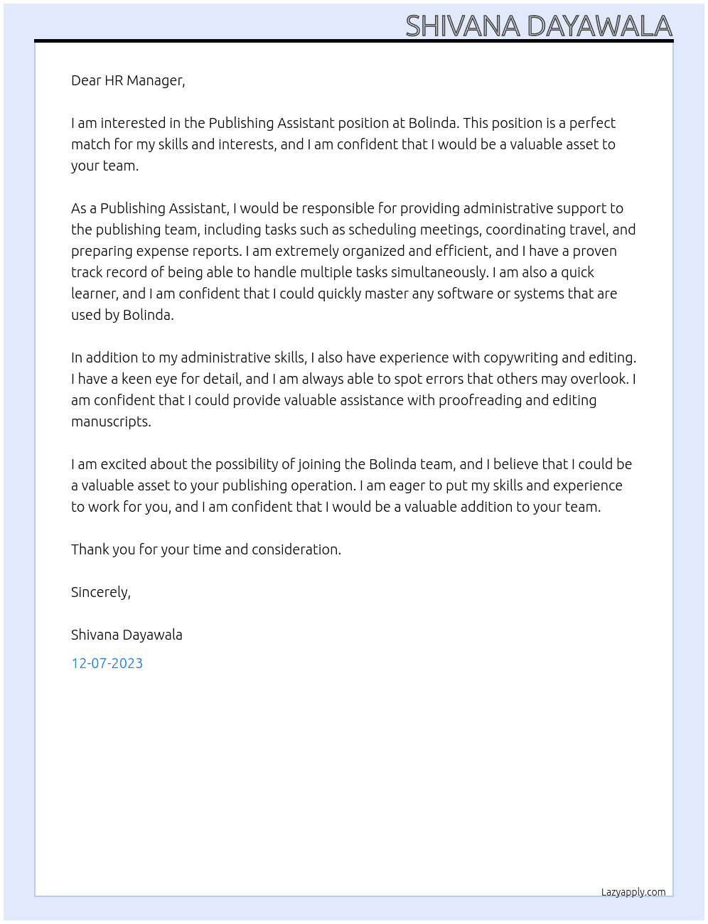 Publishing Assisstant At Bolinda Cover Letter