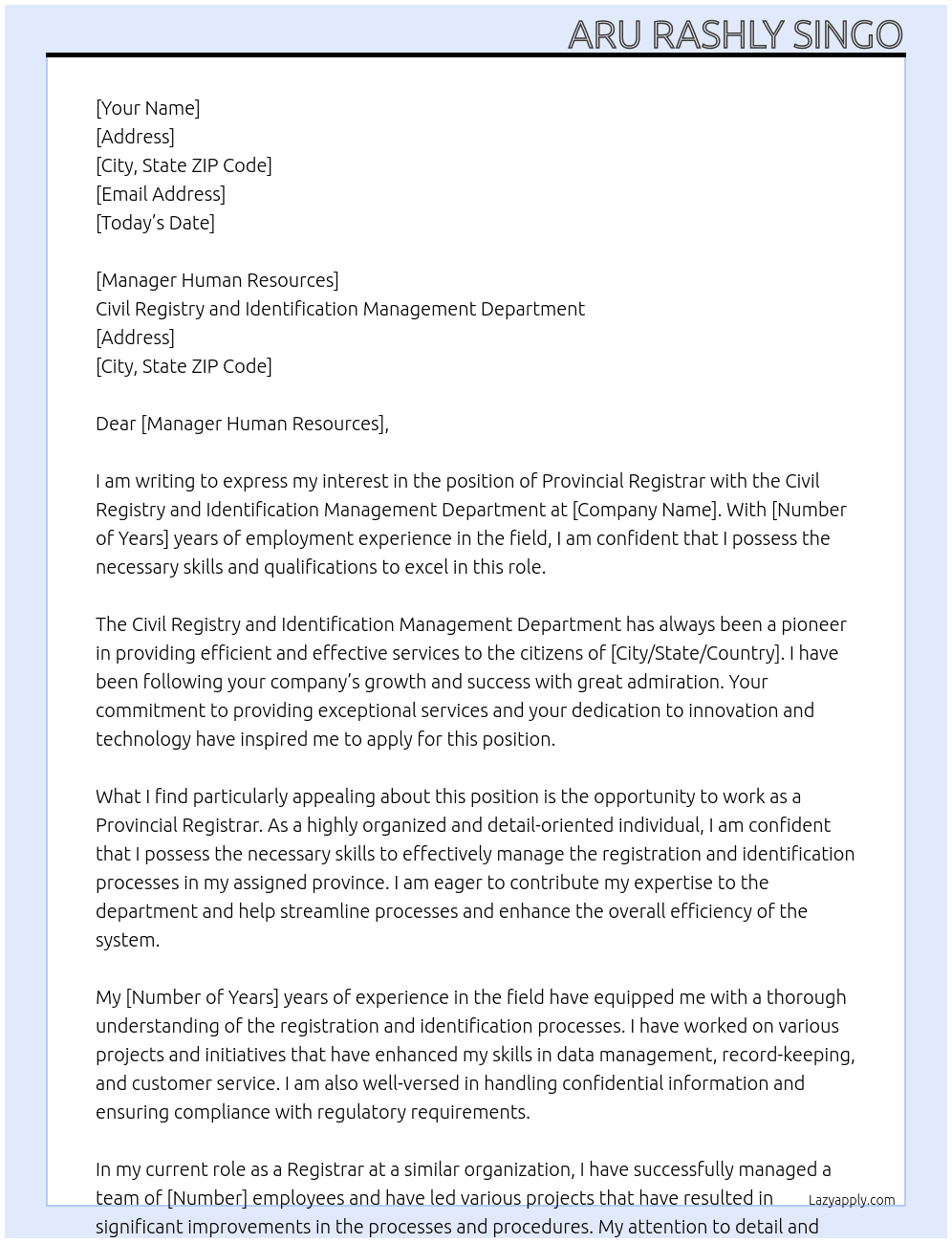 Provincial Registrar with the Civil Registry and Identification Management Department At Civil Registry and Identification Management Department Cover Letter