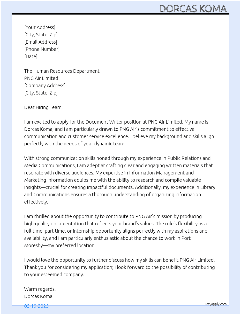 Cover letter for document writer - LazyApply