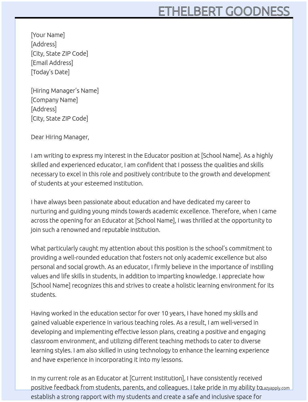 Educator  At School Cover Letter