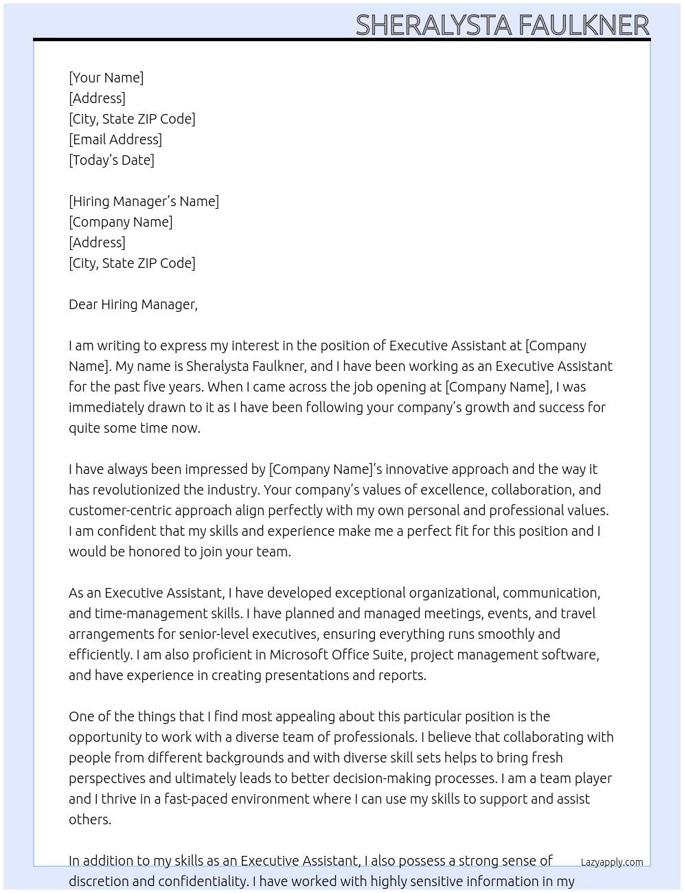 Executive Assistant At To Whom it concerns Cover Letter