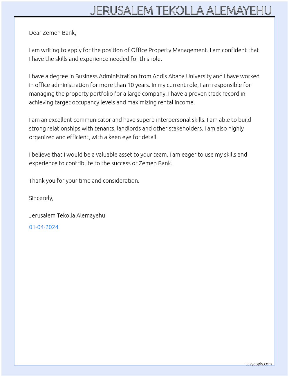 Office property management  At Zemen Bank  Cover Letter